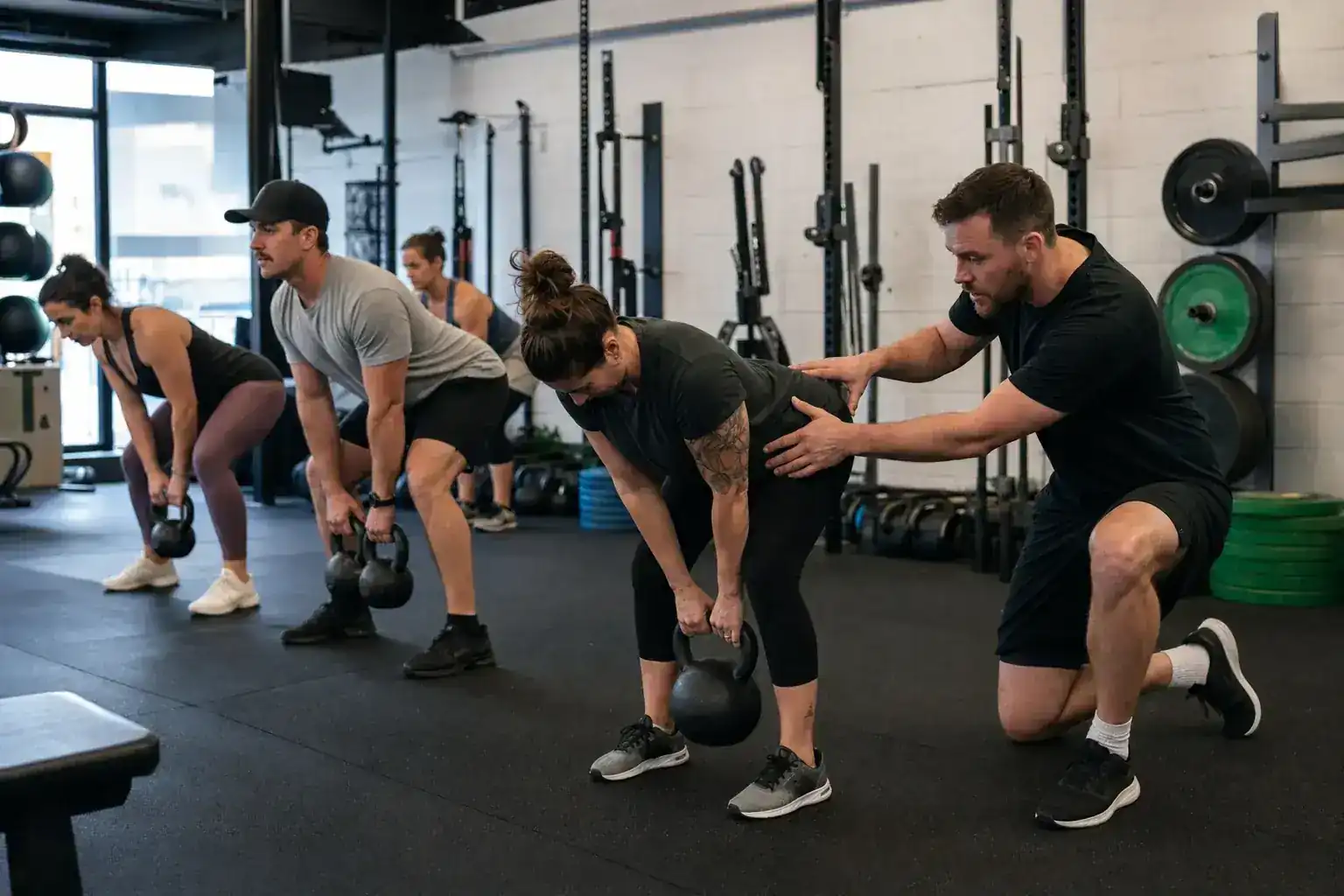 Personal trainer reviewing a one-to-one client plan in a dark performance gym