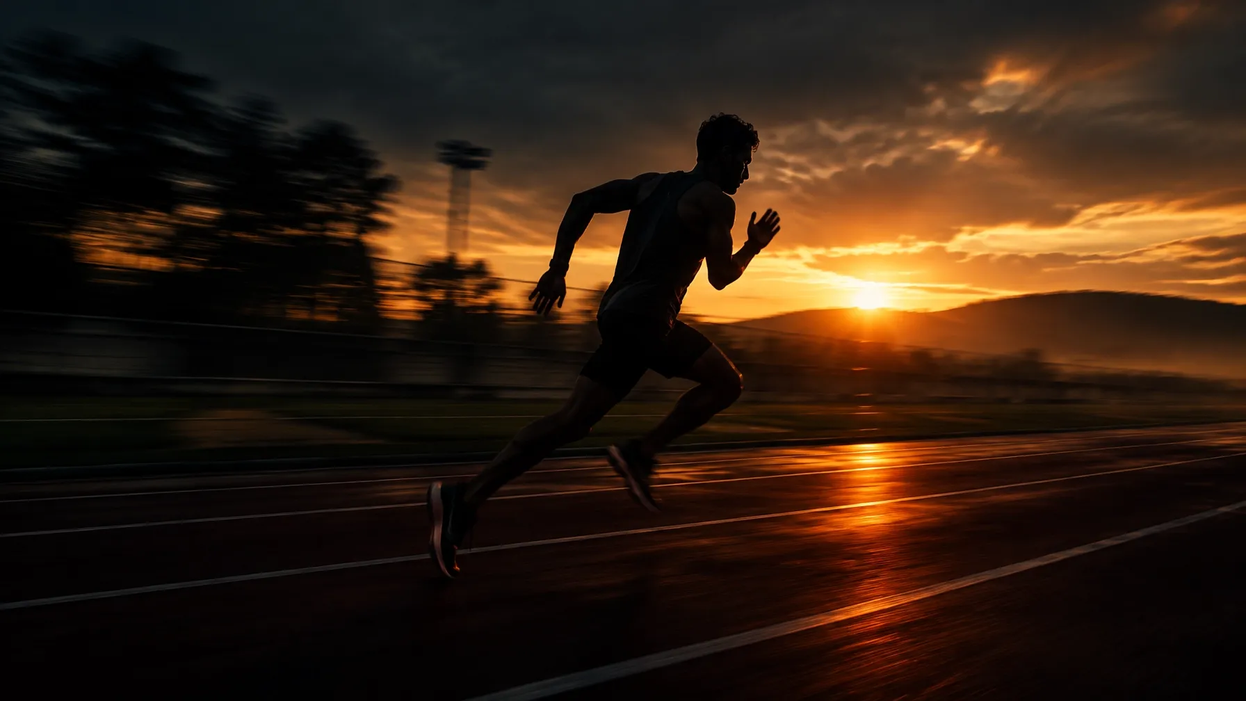 Runner moving across a track at sunset