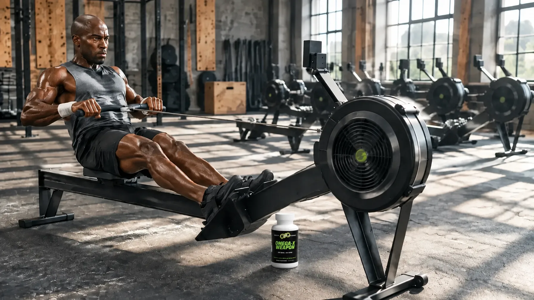 Athlete driving through a rowing sprint in a bright training studio with an Omega X-Weapon bottle resting on the gym floor beside the rower