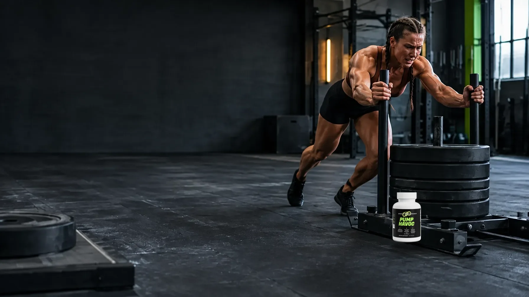 Athlete driving a weighted sled across a gym floor with a Pump Havoc bottle resting beside the sled